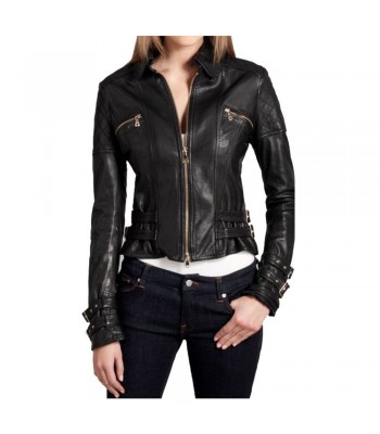 Women Leather Jacket Buckle Style Slim Fit Fashion Motorbike Jacket